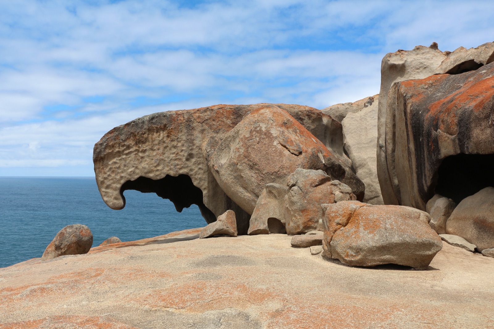 Wind-sculpted granite boulders of Remarkable Rocks on Kangaroo Island, glowing in late afternoon light